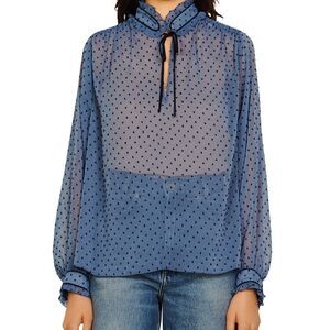 SANDRO Paris Blue Polka Dot Sheer Blouse Size 47 Ruffle Neck Tie Long Sleeve